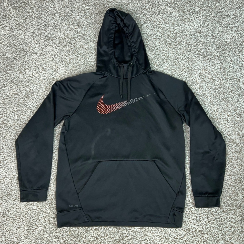 Nike Hoodie Mens Large Black Dri FIT Swoosh Graphic Pullover Training Sweatshirt